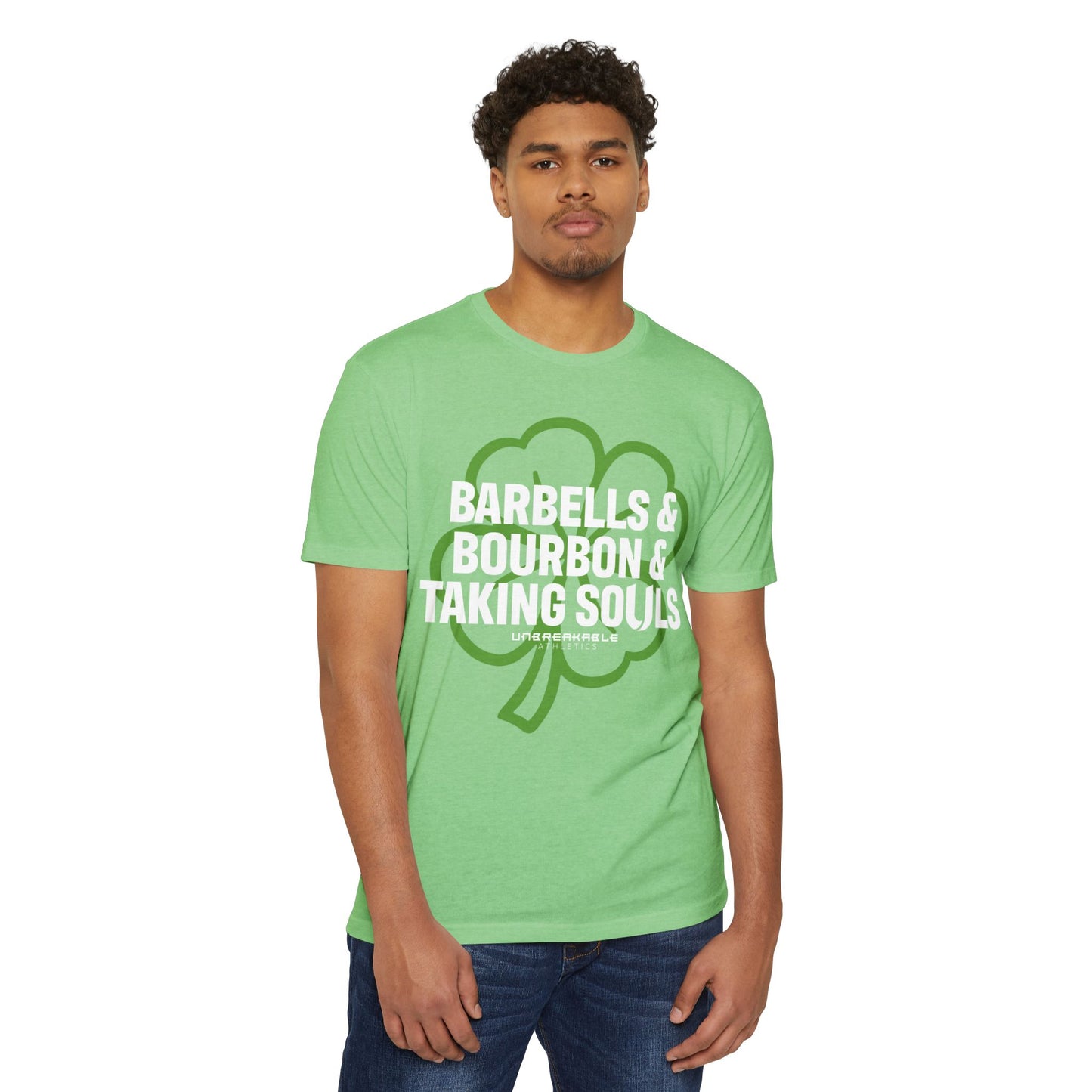 St. Patrick's Day Humor T-Shirt - 'Barbells & Bourbon & Taking Souls'