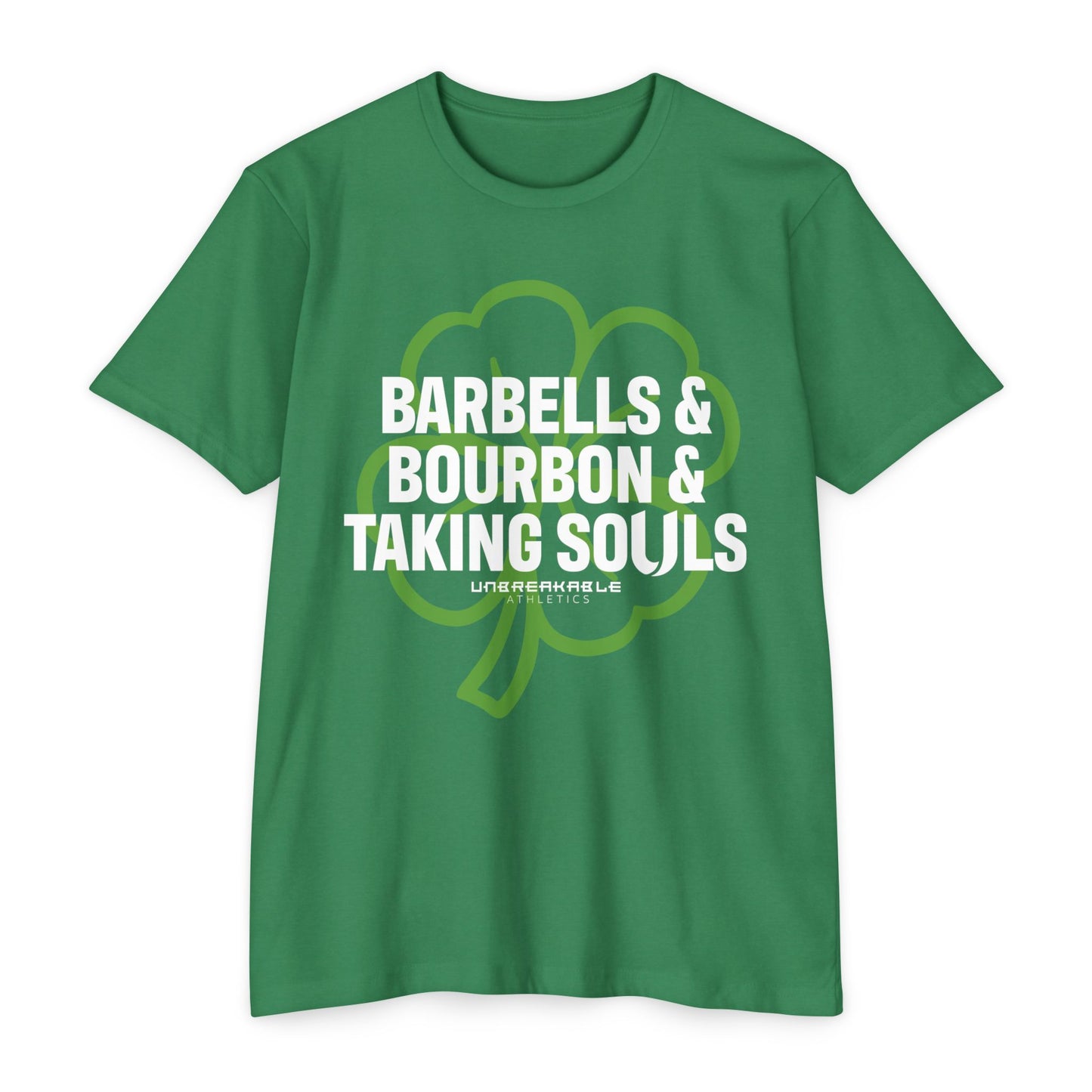 St. Patrick's Day Humor T-Shirt - 'Barbells & Bourbon & Taking Souls'