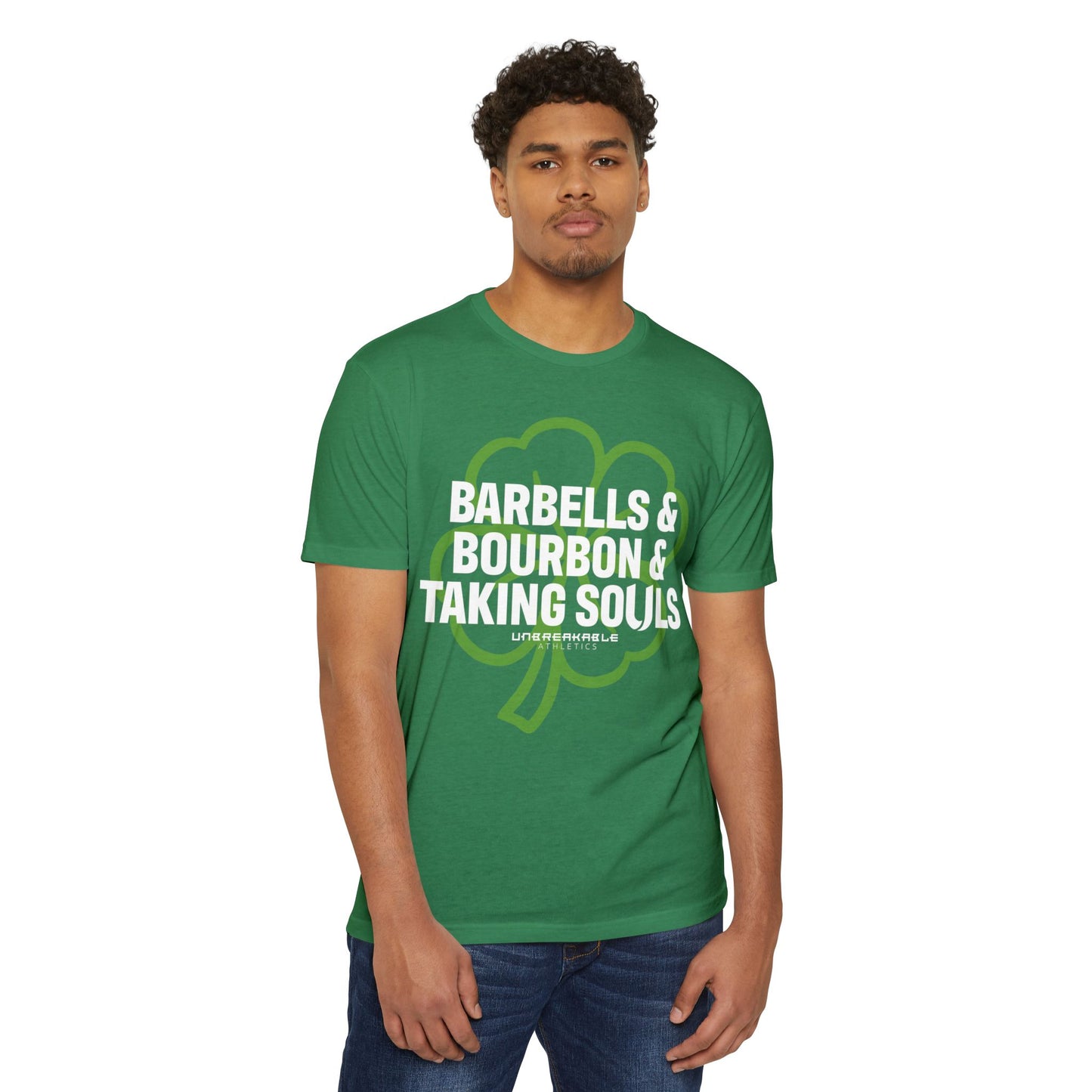 St. Patrick's Day Humor T-Shirt - 'Barbells & Bourbon & Taking Souls'